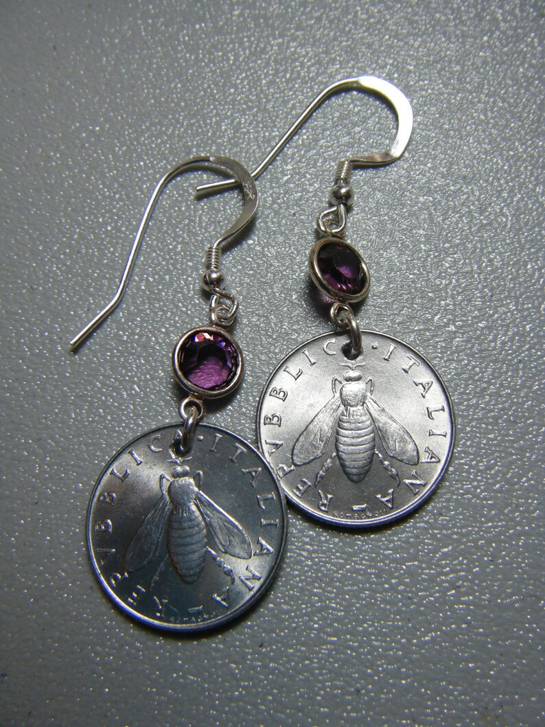 Italian Lire Bee Coin Amethyst Swarovski Crystal Dangle Earrings image 1