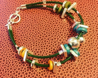 Modern Boho Double Strand Green Leather Sterling Silver and Ceramic Charm Bracelet