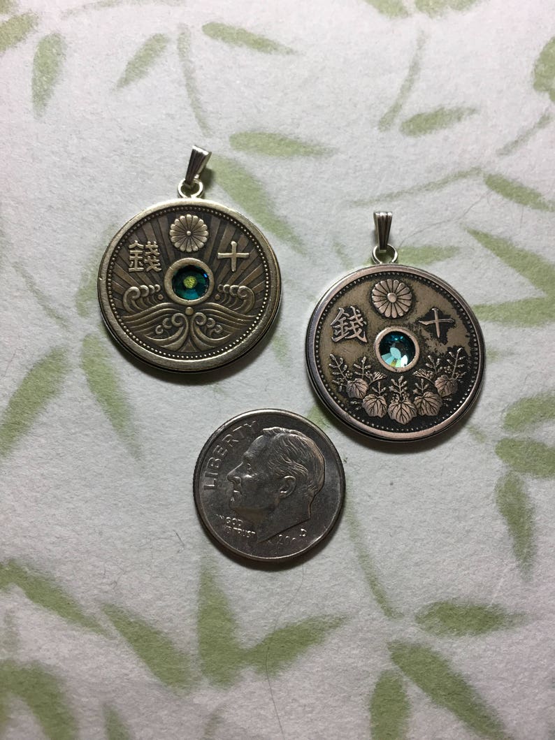 Vintage Japanese Japan Art Deco 1923 and 1938 Sterling Silver Crystal Coin Necklace