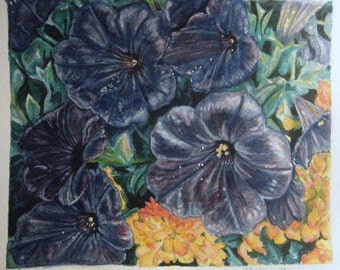 Original Watercolor and Gouache of Petunias and Marigolds 8 x 10