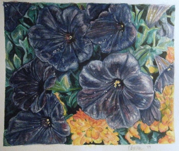 Original Watercolor and Gouache of Petunias and Marigolds 8 x 10