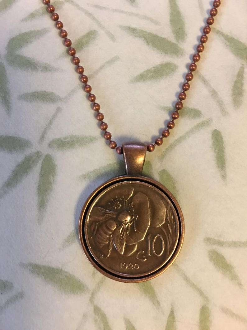 Vintage Pre-War Italian Copper Honey Bee Coin Pendant Necklace with Copper or Silver Bezel and Copper or Stainless Steel Ball Chain image 1