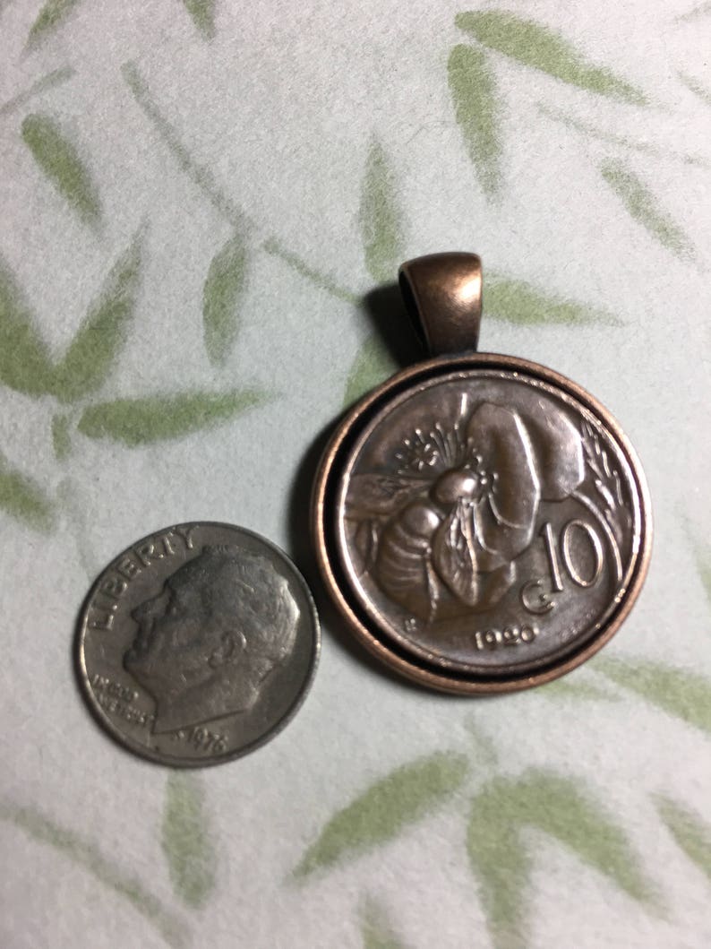 Vintage Pre-War Italian Copper Honey Bee Coin Pendant Necklace with Copper or Silver Bezel and Copper or Stainless Steel Ball Chain image 2