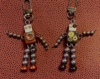 Steampunk Robot Wood and Aluminum Robot Mechanical Man Steampunk Purse Charm, Ornament or Keychain