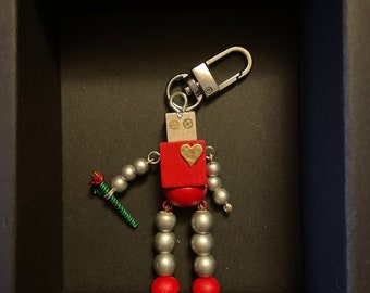 Valentine Robot Wood and brass. Valentine Heart Gift Limited Edition: handmade one of a kind. Mechanical Man Steampunk, Ornament or Keychain