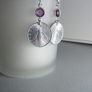 Italian Lire Bee Coin Amethyst Swarovski Crystal Dangle Earrings image 2