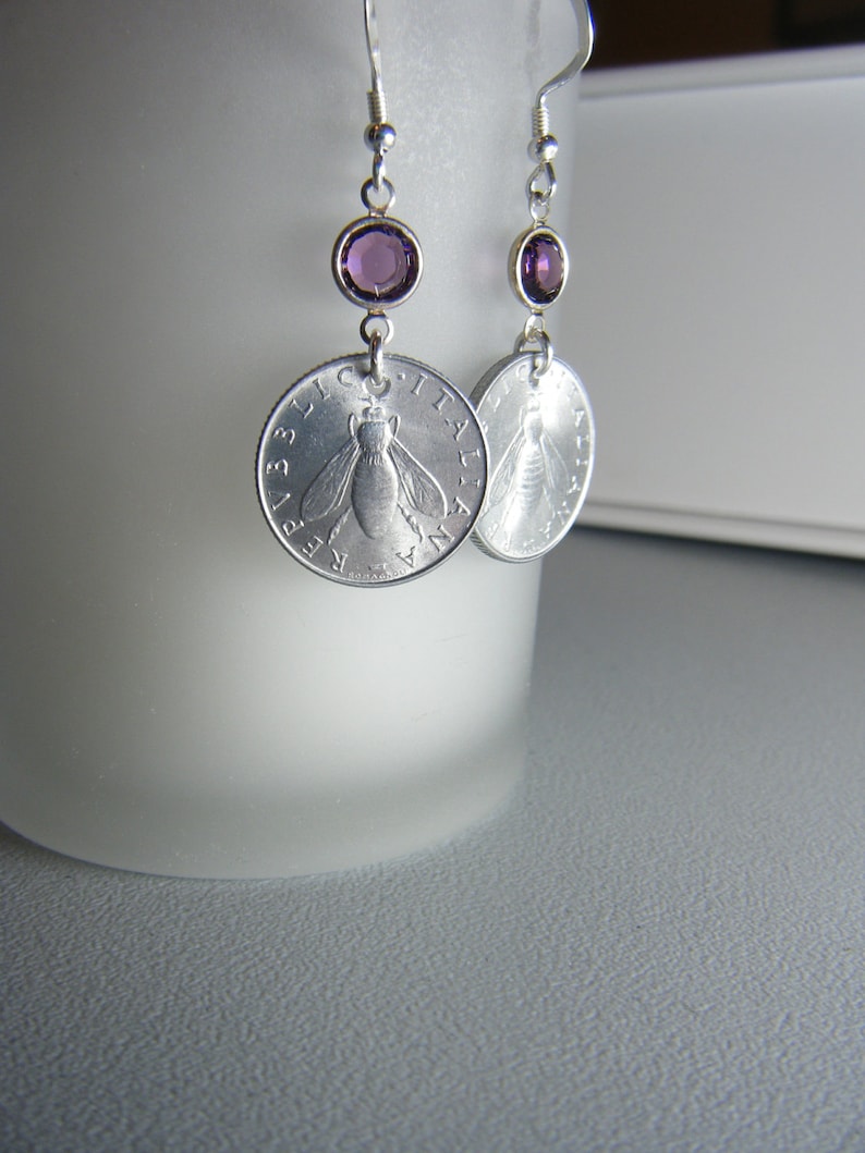 Italian Lire Bee Coin Amethyst Swarovski Crystal Dangle Earrings image 2