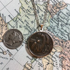 Vintage Pre-War Italian Copper Honey Honey Bee Lira Coin Pendant Necklace With or Without a Chain image 2