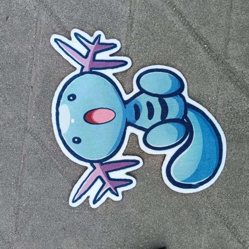May include: A blue and purple cartoon axolotl with a surprised expression. The axolotl is upside down with its tail curled around its body.