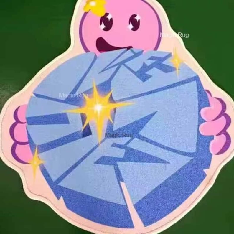May include: A pink cartoon character with a yellow star on its head is holding a large blue and white geometric shape. The shape has a shiny, sparkly effect.