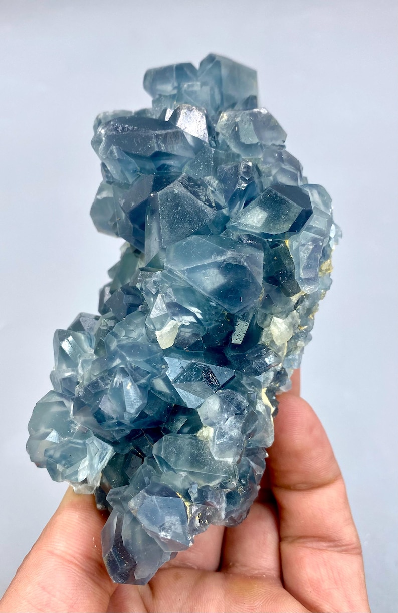 May include: A cluster of blue celestite crystals with a glassy, translucent appearance. The crystals are arranged in a random, organic pattern, creating a unique and eye-catching display.