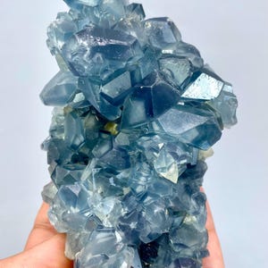 May include: A cluster of blue fluorite crystals with a glassy, translucent appearance. The crystals are arranged in a random, organic pattern, creating a visually appealing and unique piece.
