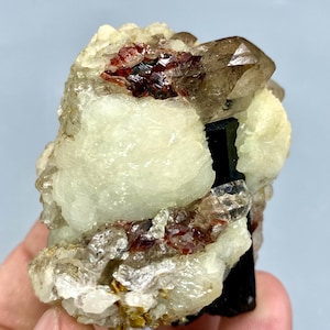 201 Gram Unique Etched Spessartine Garnet With Quartz Mica Black Tourmaline On Feldspar Crystal Specimen From Pakistan