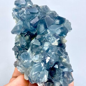 May include: A cluster of blue celestite crystals with a variety of sizes and shapes. The crystals are translucent and have a slight shimmer.
