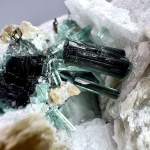 May include: Close-up of a mineral specimen featuring dark green and black tourmaline crystals embedded in a matrix of white and light-colored minerals. The crystals are elongated and have a glassy appearance, with some areas appearing opaque.