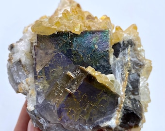 499 Gm Iridescent Fluorite with Calcite Rare Rainbow Fluorite Crystal Cluster, Natural Mineral Specimen for Collectors & Decor From Pakistan