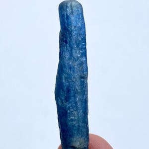 May include: A raw, elongated blue kyanite crystal. The crystal has a deep blue colour with a textured surface and a lighter, silvery base. The kyanite is held by a person's fingers against a white background.