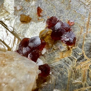 107 Carats Unique Etched Spessartine Garnet With Feldspar On Mica Crystal Specimen From Pakistan