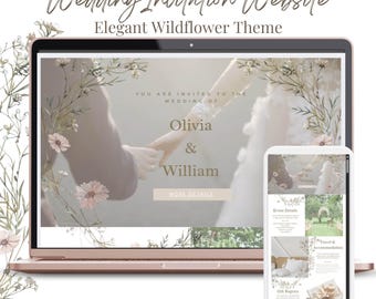 Puede incluir: Un portátil y un teléfono móvil muestran un sitio web de invitación de boda con un tema floral. El sitio web presenta una foto de una pareja tomándose de la mano, el texto "You are invited to the wedding of Olivia & William" y un botón que dice "More Details". El teléfono móvil muestra páginas web adicionales con información sobre los detalles del evento, el viaje y el alojamiento, así como un registro de regalos.