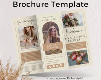 May include: A tri-fold brochure template for a florist business called Willow's Flowers. The brochure features a boho style design with a beige background and brown accents. The brochure includes a welcome message, contact information, and a description of the services offered. The text on the brochure reads "Welcome to Willow's Flowers", "How Can I Help? Contact Me", "Willow's Flowers", "New Workshops!" and "Introduction".