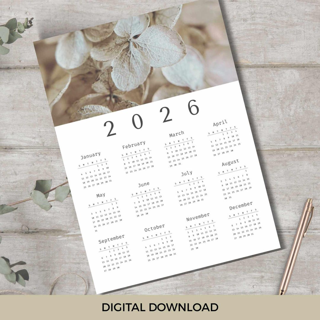 Minimalist 2026 Year at A Glance Wall Calendar PDF Download With Floral ...