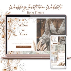 Peut inclure: Un écran d'ordinateur portable affichant un site Web d'invitation de mariage sur le thème bohème. Le site Web présente un motif floral avec les noms "Willow & Luka" et le texte "Are getting married!"  Le site Web comprend également un bouton qui dit "More Details".
