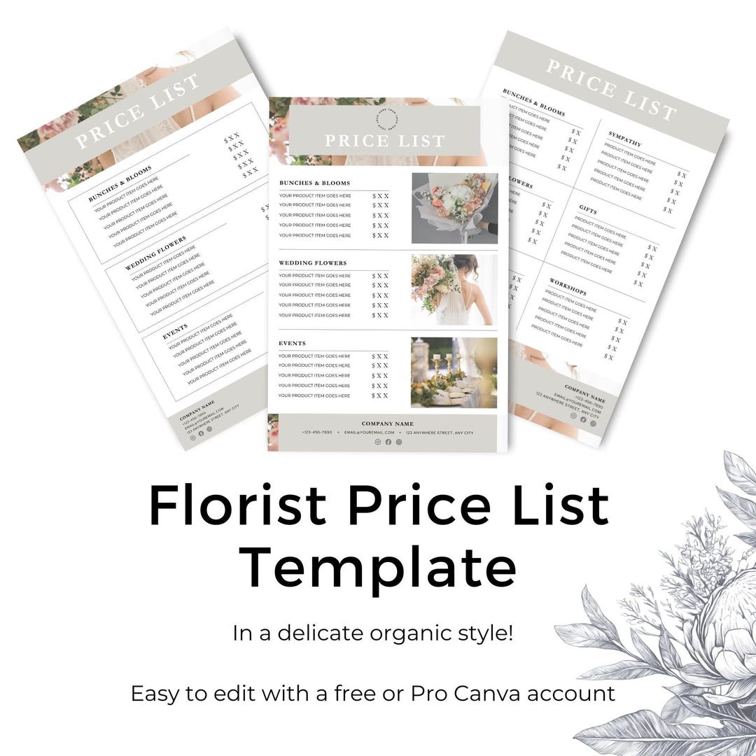 Editable Florist Price List Canva Template, Modern Floral Pricing Sheet
