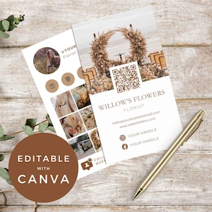 Modelo de cartão de visita para florista no Canva | Código QR floral editável | Design vertical boho