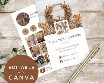 Florist Business Card Template Canva | Editable Floral QR Code | Boho Vertical Design