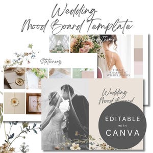 Plantilla de mood board de boda personalizable en Canva, guía de estilo editable, collage, diseño de planificador estético, descarga digital para creativos.