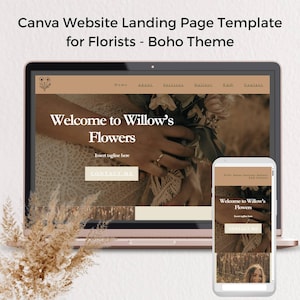 May include: A laptop and a mobile phone display a website landing page template for a florist. The website has a boho theme and features a floral design with the text "Welcome to Willow's Flowers".