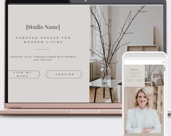 May include: A rose gold laptop and smartphone displaying a website design. The website features the text "[Studio Name]" and "CURATED SPACES FOR MODERN LIVING". The design includes a neutral color palette and images of interior decor.