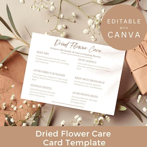 Modèle de carte d'entretien de fleurs séchées pour fleuriste, carte d'entretien de fleuriste imprimable A6, instructions d'entretien de fleurs séchées, modèle de toile modifiable