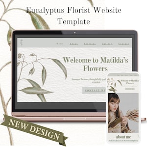 May include: A laptop and a smartphone displaying a website template titled Eucalyptus Florist Website Template. The screen shows the text Welcome to Matilda's Flowers and a navigation menu. A green banner with the text NEW DESIGN is visible.