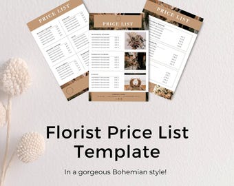 Plantilla de lista de precios de floristería bohemia: Diseño editable en Canva (descarga instantánea)