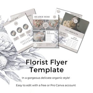 May include: A flyer template for a florist business. The template features a floral design with a gray background and text that says "Special Offer", "Header Here", "Our Services", "Any Services", and "10% Off Service".