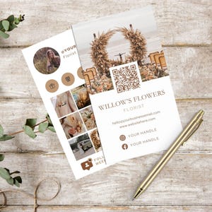 Vertikaler Boho QR-Code Visitenkarte für Floristen, Floral Visitenkarte Vorlage bearbeitbar Canva, modernes Flower Shop Branding Card Design