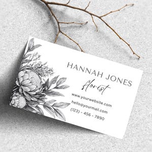Carte de visite florale Canva, carte de visite de fleuriste noir et blanc avec protéas, carte de visite recto, modèle de carte de visite modifiable