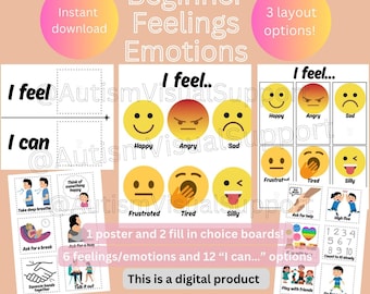 Könnte beinhalten: Digitaler Download mit einem Anfängerleitfaden zu Gefühlen und Emotionen. Enthält ein Poster, Ausfüll-Wahltafeln und Optionen zum Ausdrücken von Gefühlen. Das Bild zeigt glückliche, wütende und traurige Gesichter sowie andere Emotionen.