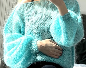 Ready to ship knitted handmade wool mohair turquoise aquamarine soft light oversize comfortable cosy sweater jumper gift for her shrug