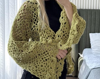 Handmade Lime Green Crochet Lace Cardigan • Open Front Sweater