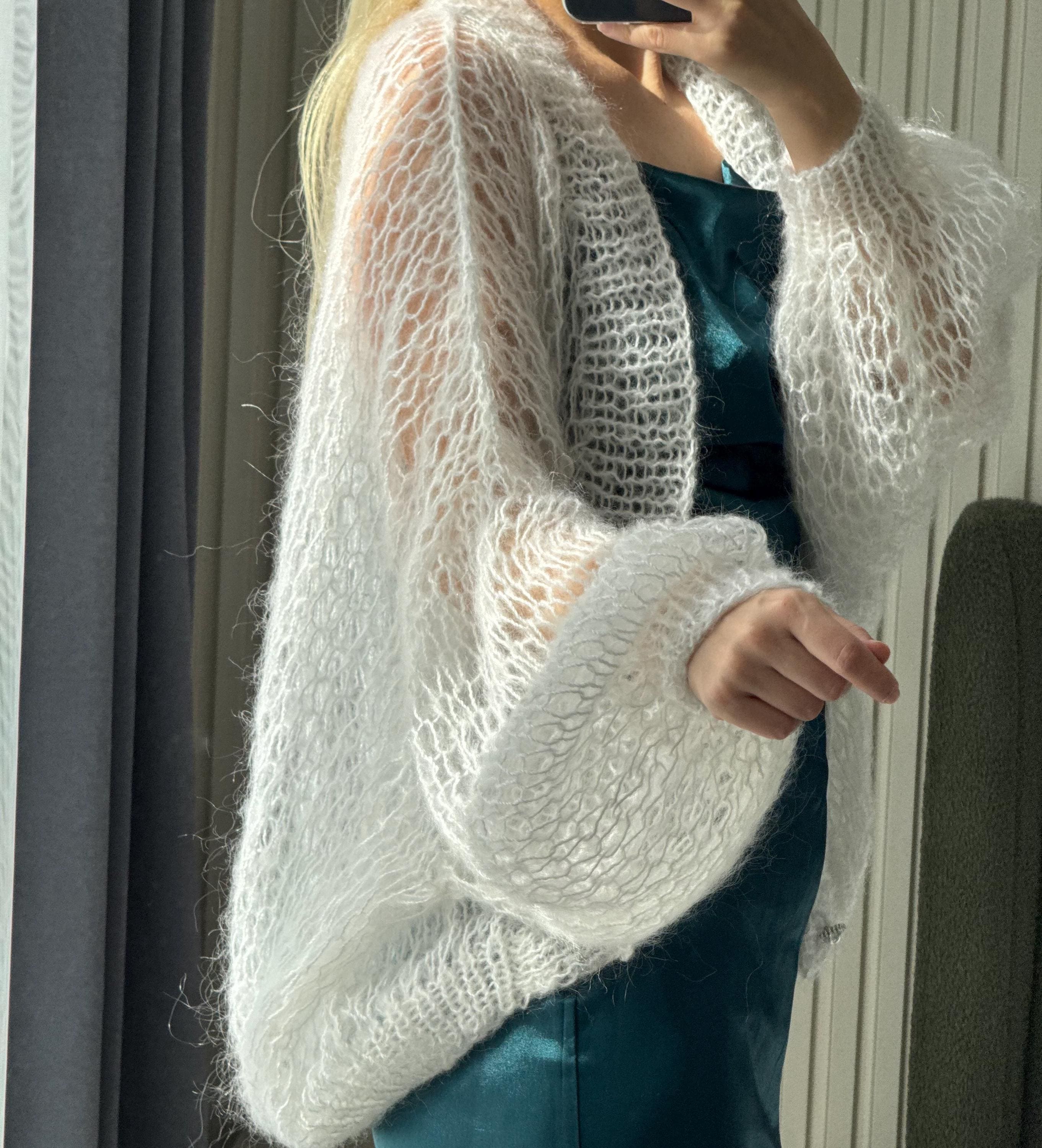 White Knit Mohair Bridal Cardigan – Lightweight Airy Wedding