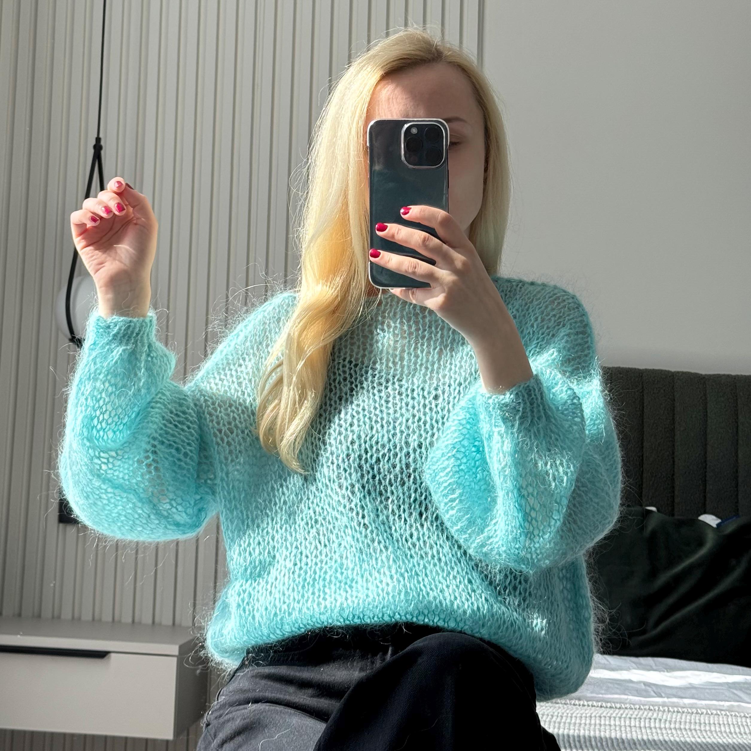 Ready to Ship Knitted Handmade Wool Mohair Turquoise Aquamarine