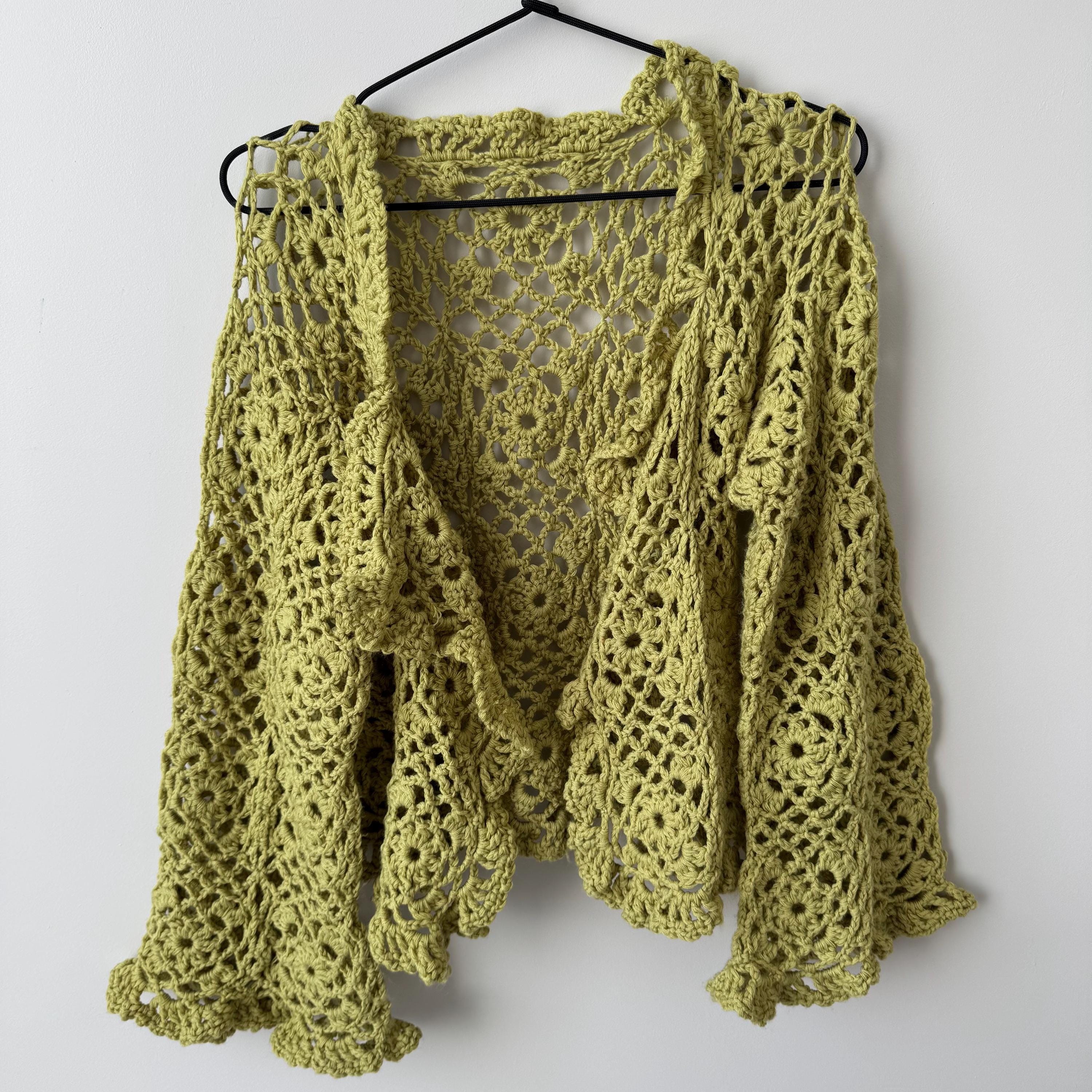 Handmade Lime Green Crochet Lace Cardigan • Open Front Sweater