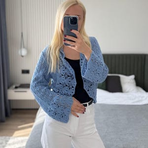 Crochet woman blue knitted cotton chunky handmade cardigan jacket bolero with sleeves gift for her
