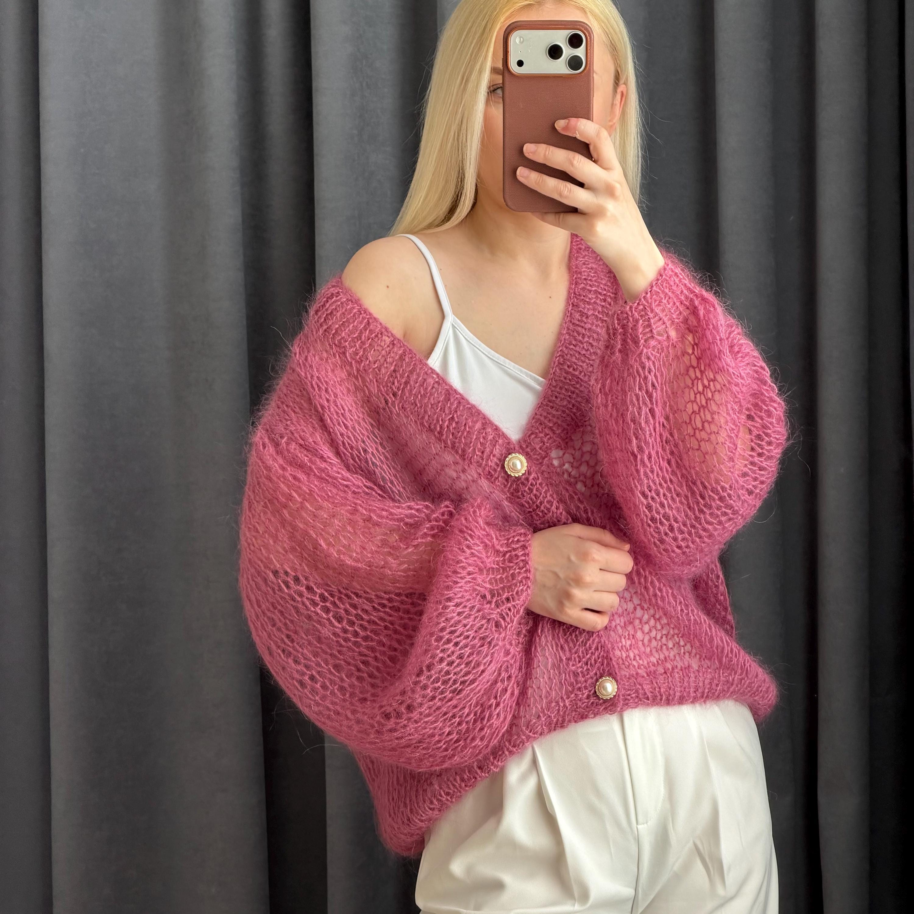 Dusty Rose Mohair Cardigan | Lightweight Button up Knit Sweater