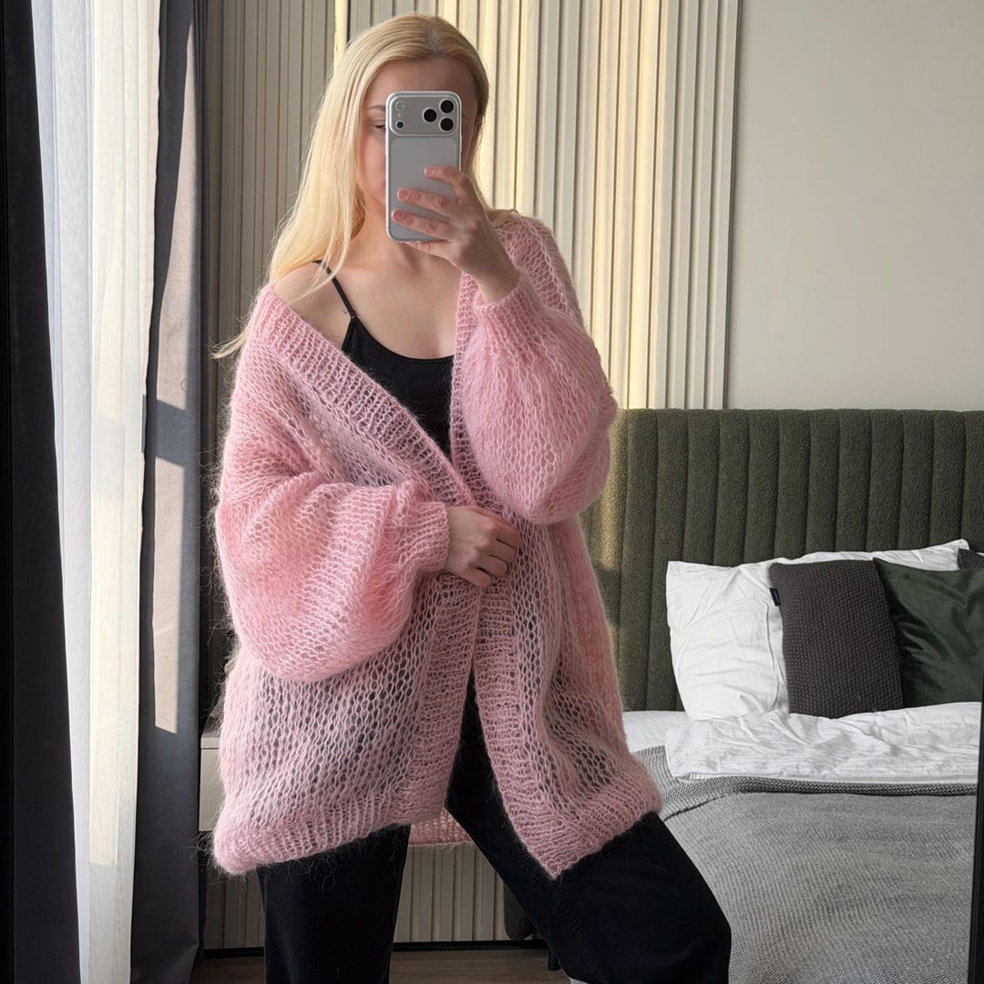 Long Pink Mohair Hand Knitted Cardigan | Oversized Soft Knit