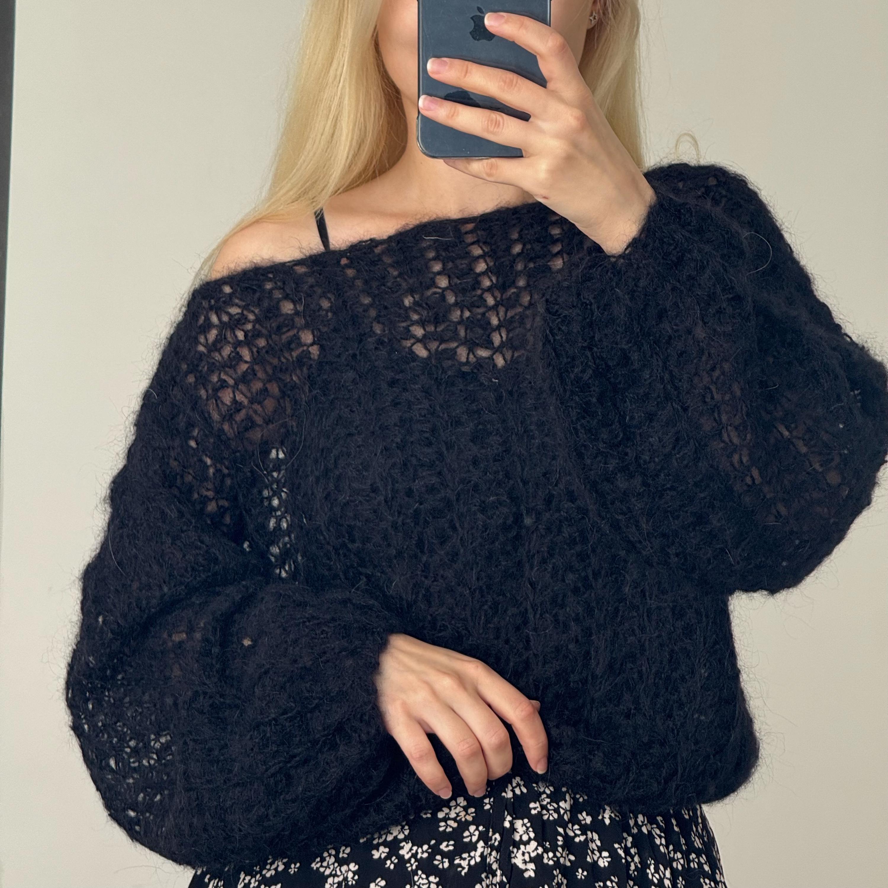 Handmade Black Mohair Crochet Sweater – Openwork Airy Knit (S-M