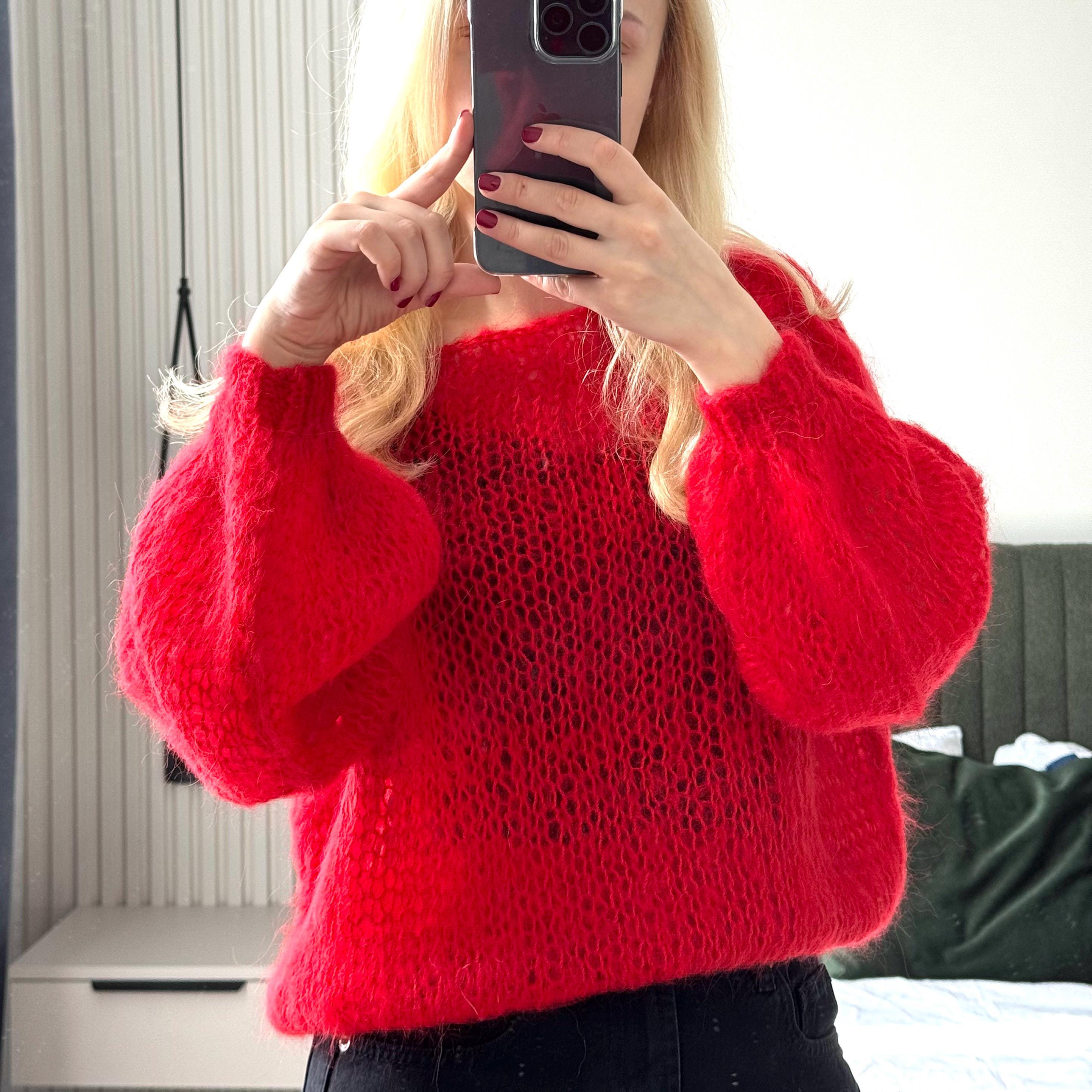 Knitted Handmade Luxurious Wool Mohair Red Bright Soft Comfortable