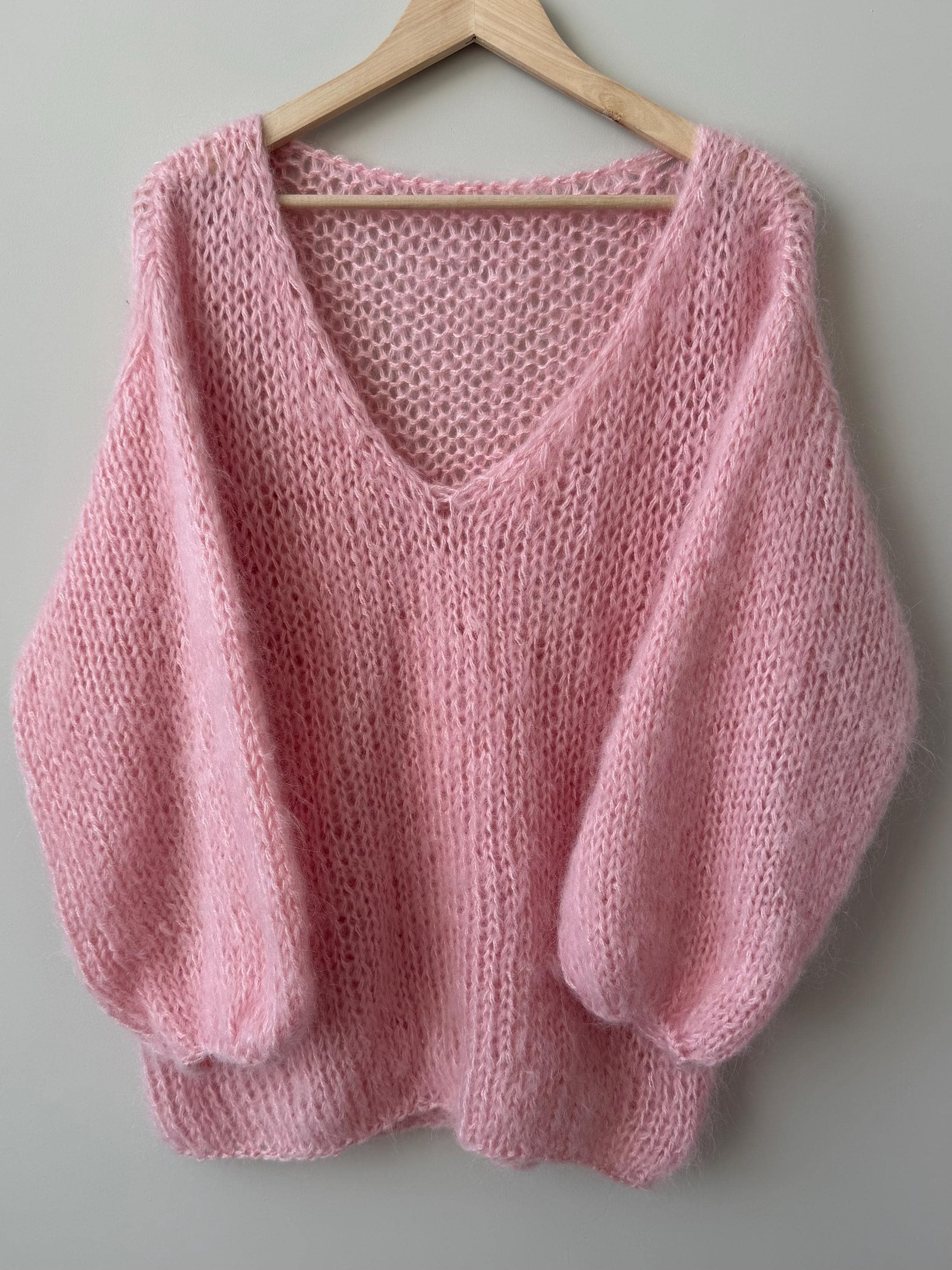 Long Pink Mohair Hand Knitted Sweater | V-neck Oversized Knit